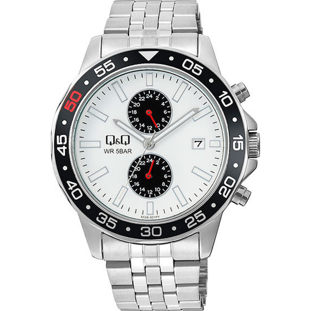 Мъжки часовник Q&Q Dual-Time - A53A-001PY- сребрист модел с дата на циферблата, две изнесени стрелки за двойно време, черен ринг на корпуса