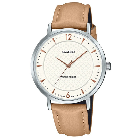 Дамски часовник Casio - LTP-VT04L-7A1 - бежова (светлокафява) кожена каишка, аналогов циферблат, сребрист метален копрус . WR - 3 BAR
цена
