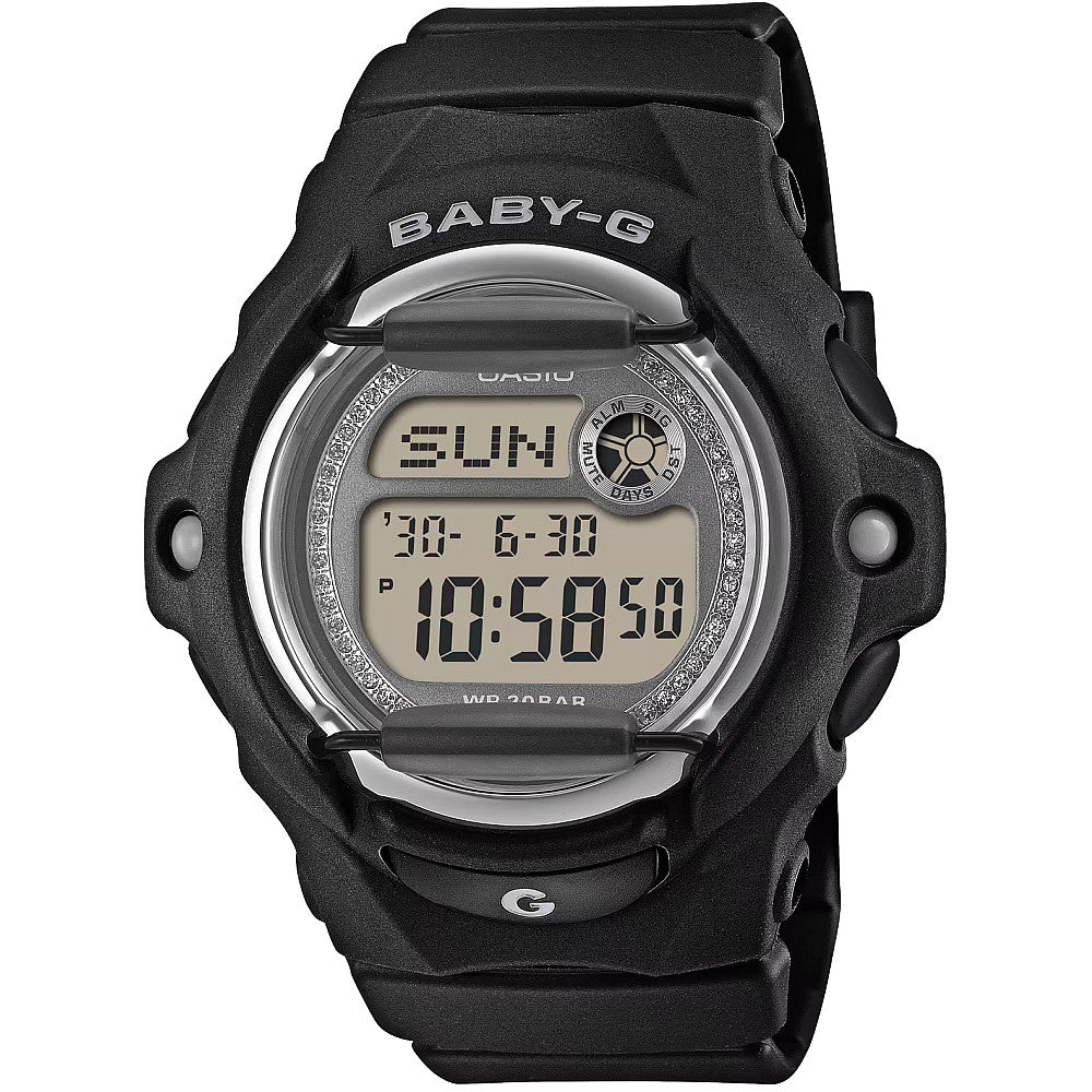 Дамски часовник Casio Baby-G - BG-169KB-1ER - черен дигитален часовник с камъчета по периферията на цифебрлата. 