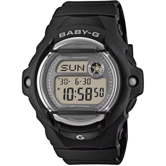 Дамски часовник Casio Baby-G - BG-169KB-1ER - черен дигитален часовник с камъчета по периферията на цифебрлата. 
