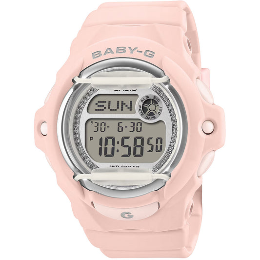 Дамски часовник Casio Baby-G - BG-169KB-4ER - розов, с дигитален дисплей. Инкрустирани камъчета по периферията на циферблата 