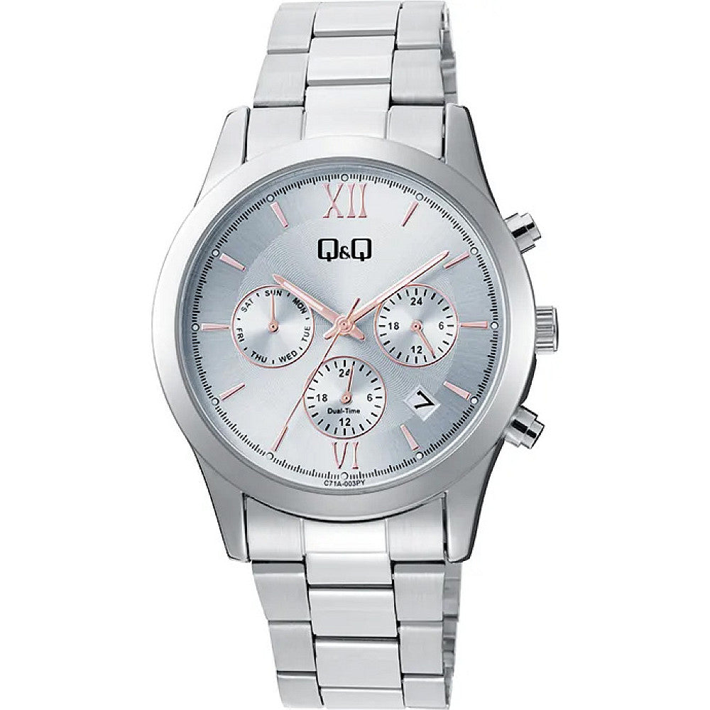 Дамски часовник Q&Q Dual-Time - C71A-003PY - двойно време, дата на циферблата, сребрист модел  с римсцки цифри цвят розово злато 