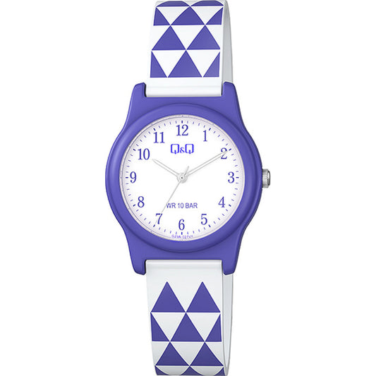 Детски часовник Q&Q - G23A-027VY
- s бяла каишка на лилави триъгълници. Водоустойчив, аналогов с арабски цифри 