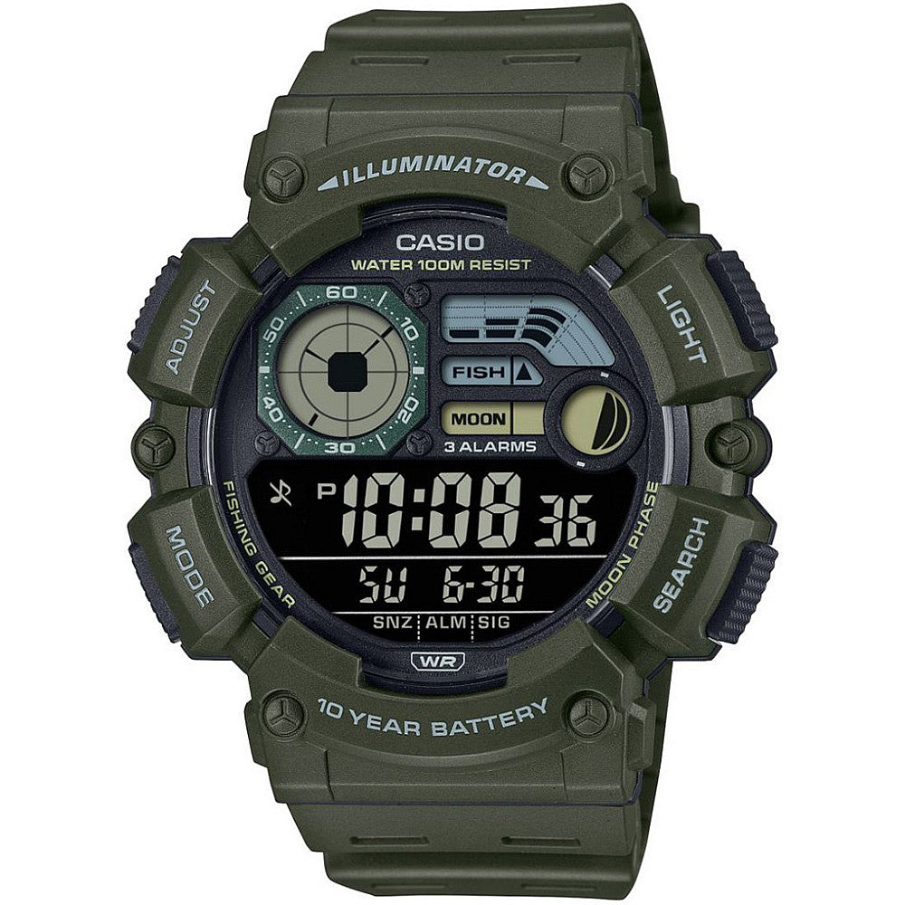 Мъжки часовник Casio Fishing Gear - WS-1500H-3BVEF  - часовник от серията на  Casio Fishing Gear.  За запалените рибари. Часовник за риболов. показва фази на луната, кога е активна рибата 