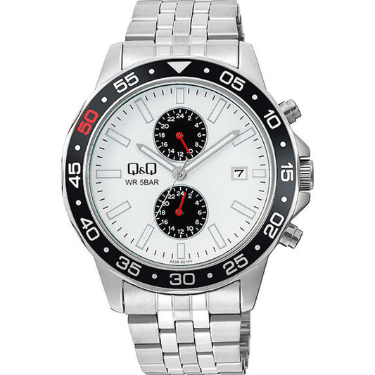 Мъжки часовник Q&Q Dual-Time - A53A-001PY- сребрист модел  с дата на циферблата, две изнесени стрелки за двойно време, черен ринг на корпуса 