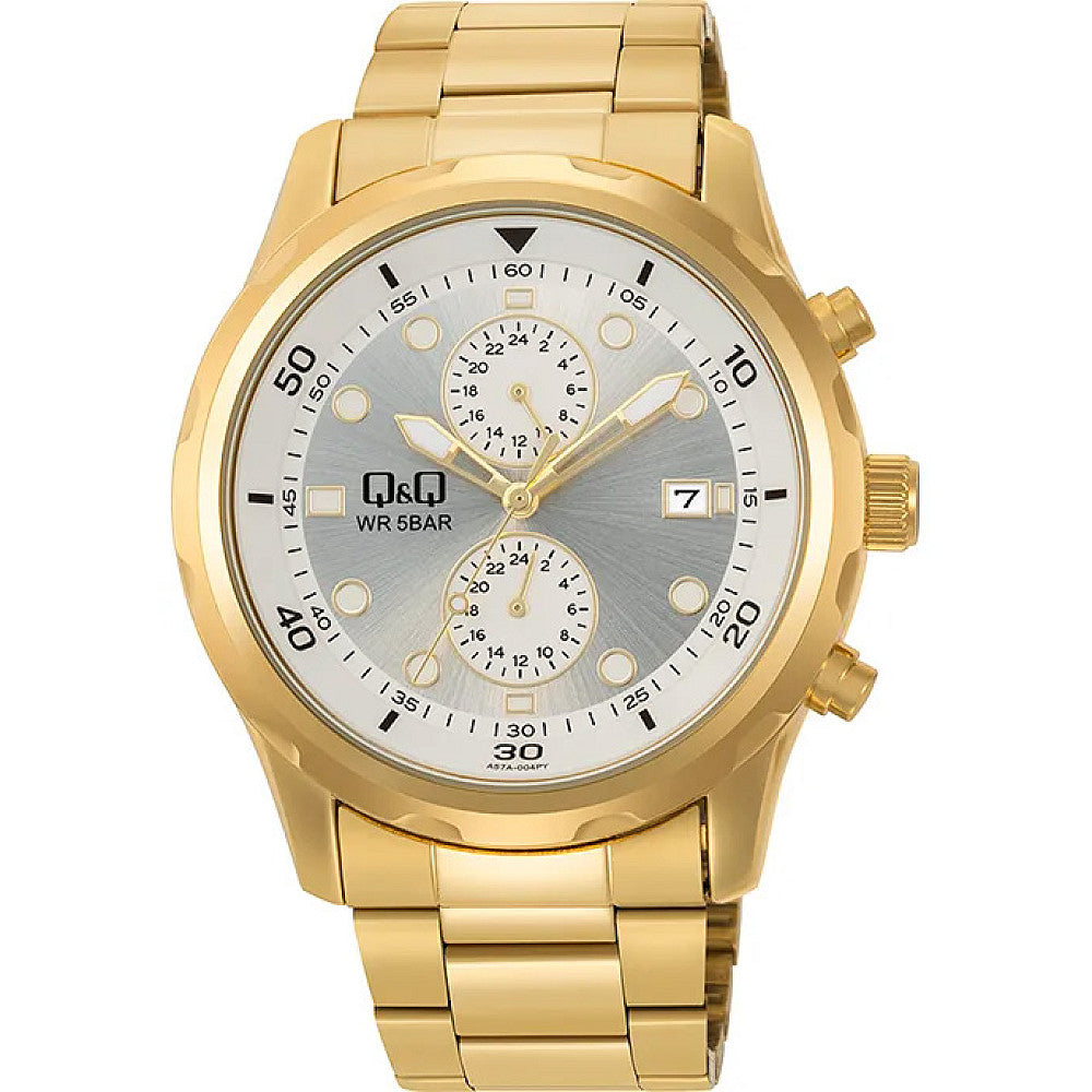 Мъжки часовник Q&amp;Q Dual Time - A57A-004PY - златист, с аналогов циферблат с индикация за дата 