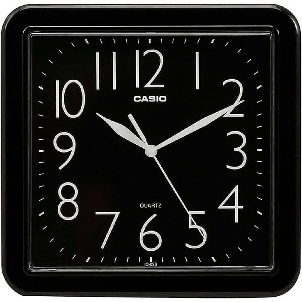 Стенен часовник Casio-iq-06-1df квадратен, с черен циферблат и бели арабски цифри 