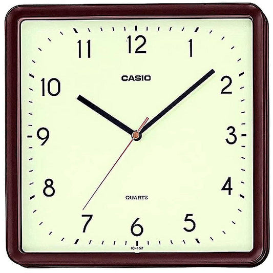 стенен часовник Casio  квадратен с кафяв корпус, черни цифри на бял циферблат