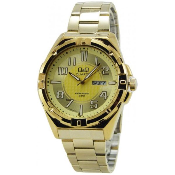 Мъжки часовник Q&Q A188J003Y,стилен часовник със златист корпус и верижка.